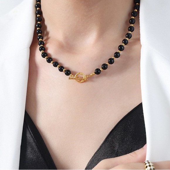 18K Gold Plated Black Onyx Necklace*Vintage Necklace*Handmade*Old Money … - Picture 1 of 8